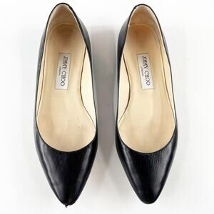 Jimmy Choo Pointed Toe Leather Flats Shoes Black 8.5